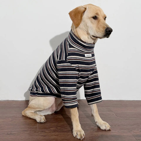 Dog wearing a striped outfit with 'FUNNY PUFF' branding on a white background
